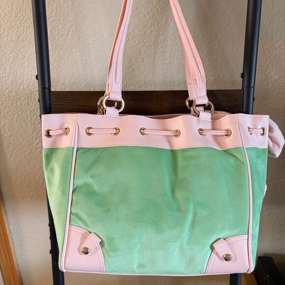 Juicy Couture Classic Scottie Daydreamer Tote Pink Green Velour Y2K - Picture 5 of 6